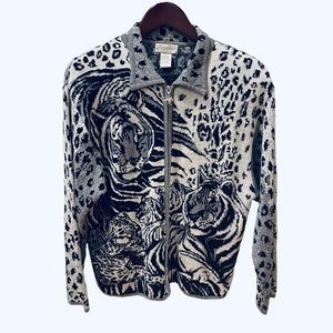 Vintage 80s Tiger Leopard Print Zip Glitter Sweater Cardigan Silver Black L